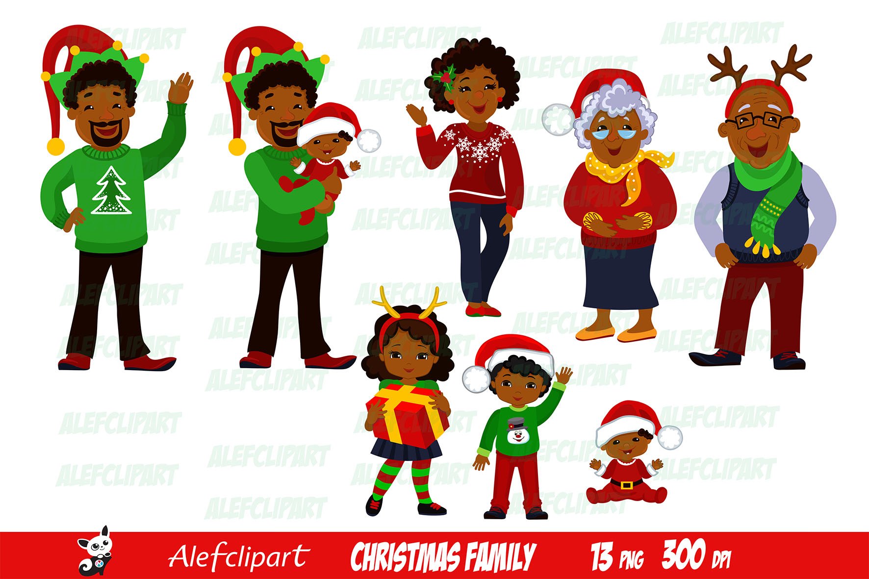 Christmas Family African American Clipart, image size:1772x1181
