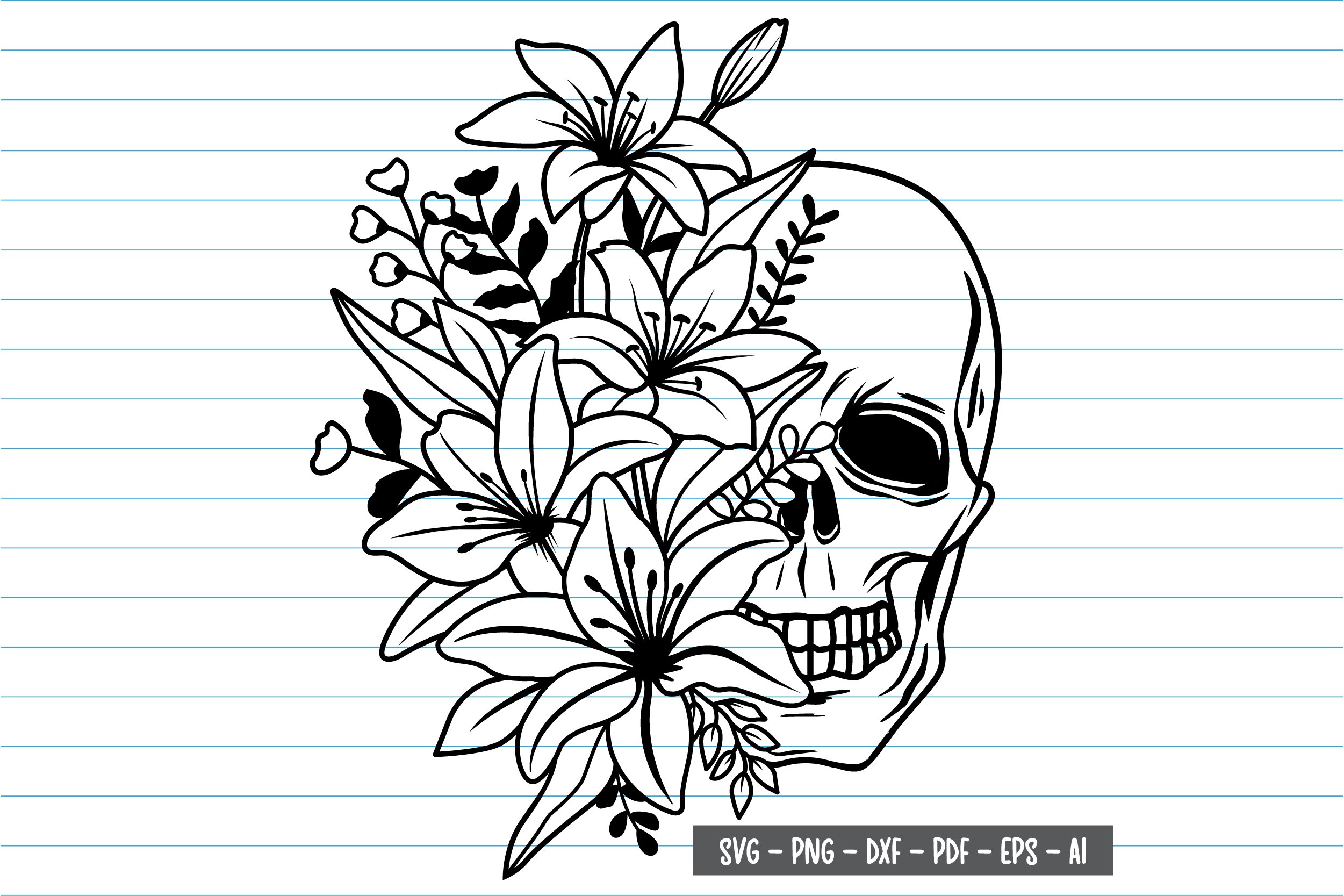 Skull Flowers Svg, Skull Svg, Lily Svg Cut Files
