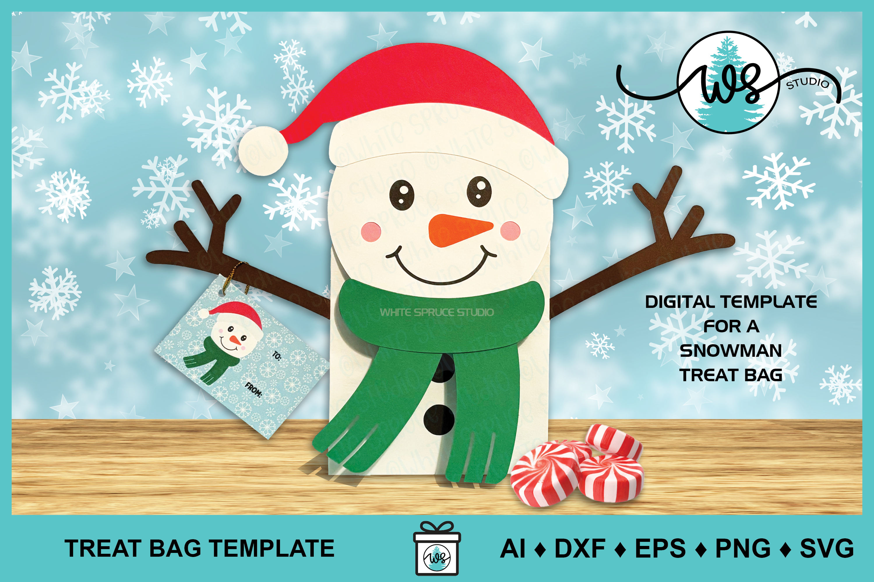 Snowman Christmas Treat Bag Template SVG, image size:3000x2000