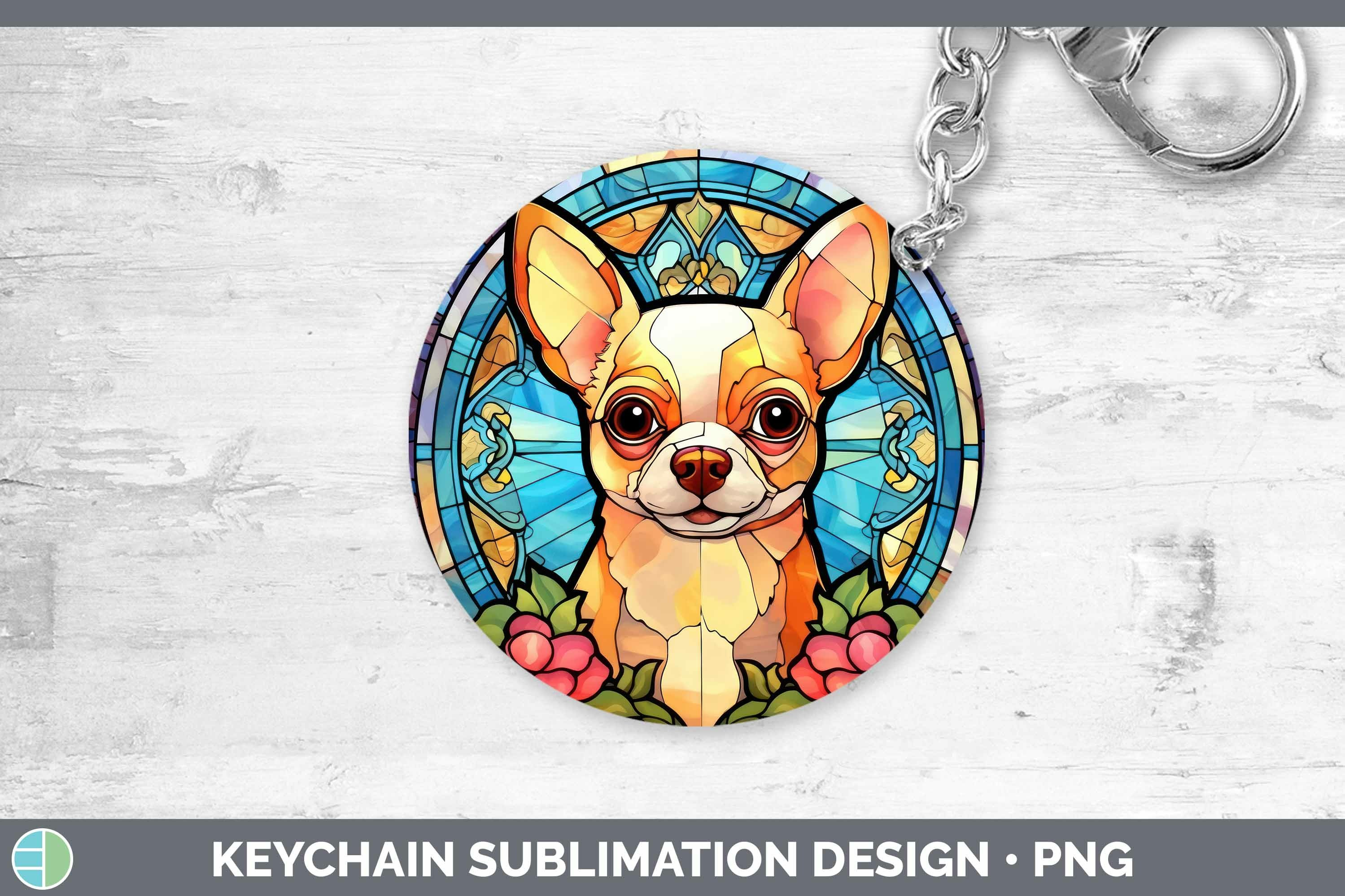Stained Glass Dog Chihuahua Keychain Sublimation Keyring Des