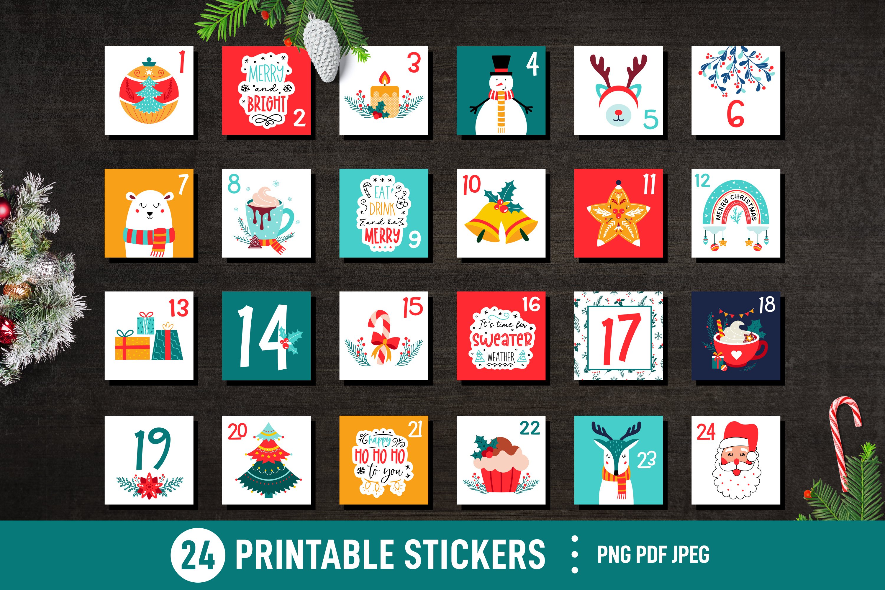Advent calendar printable stickers Christmas gift countdown Advent calendar printable stickers Christmas gift countdown