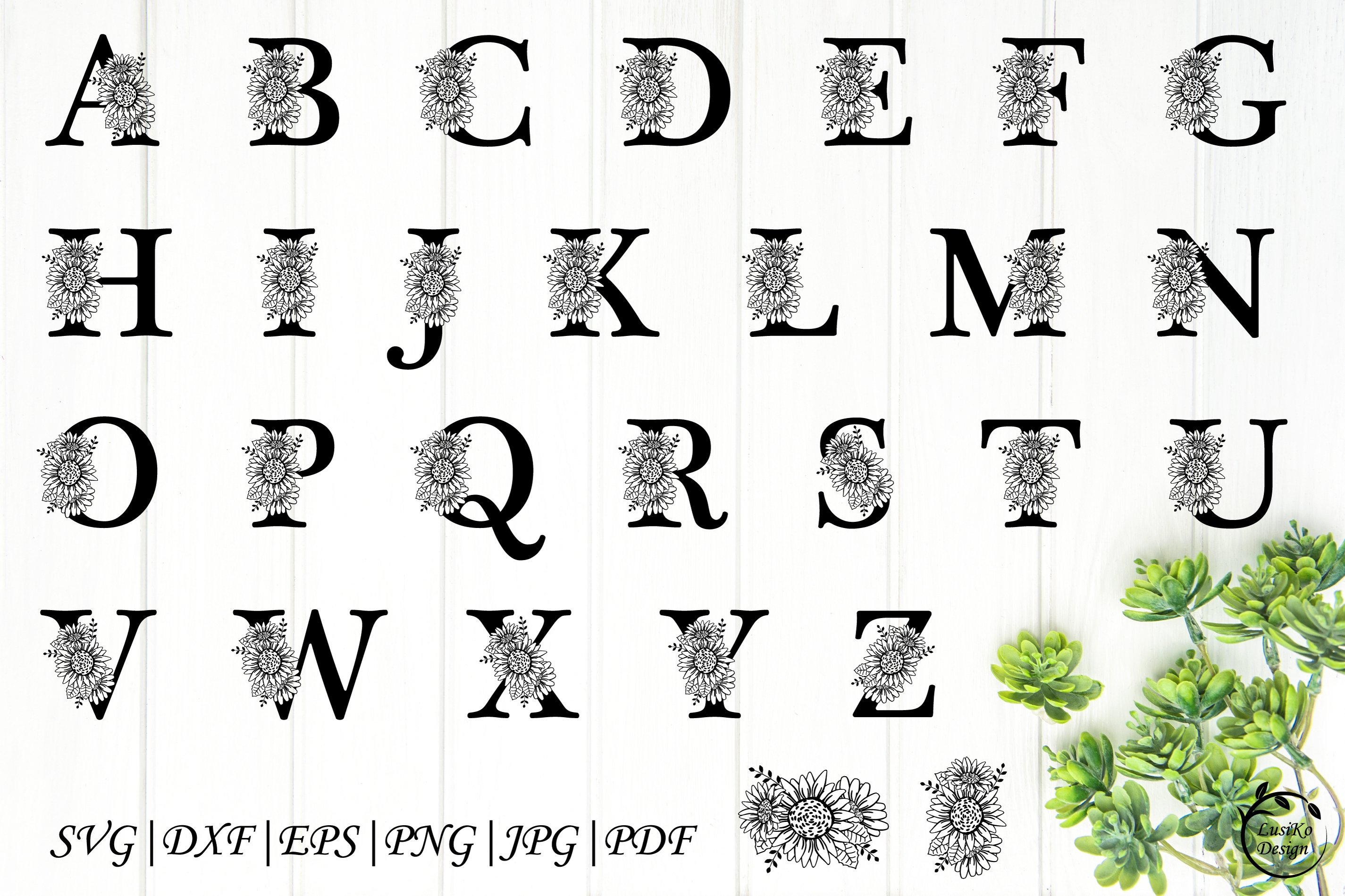 Sunflower alphabet SVG DXF PNG. Sunflowers (1412000)