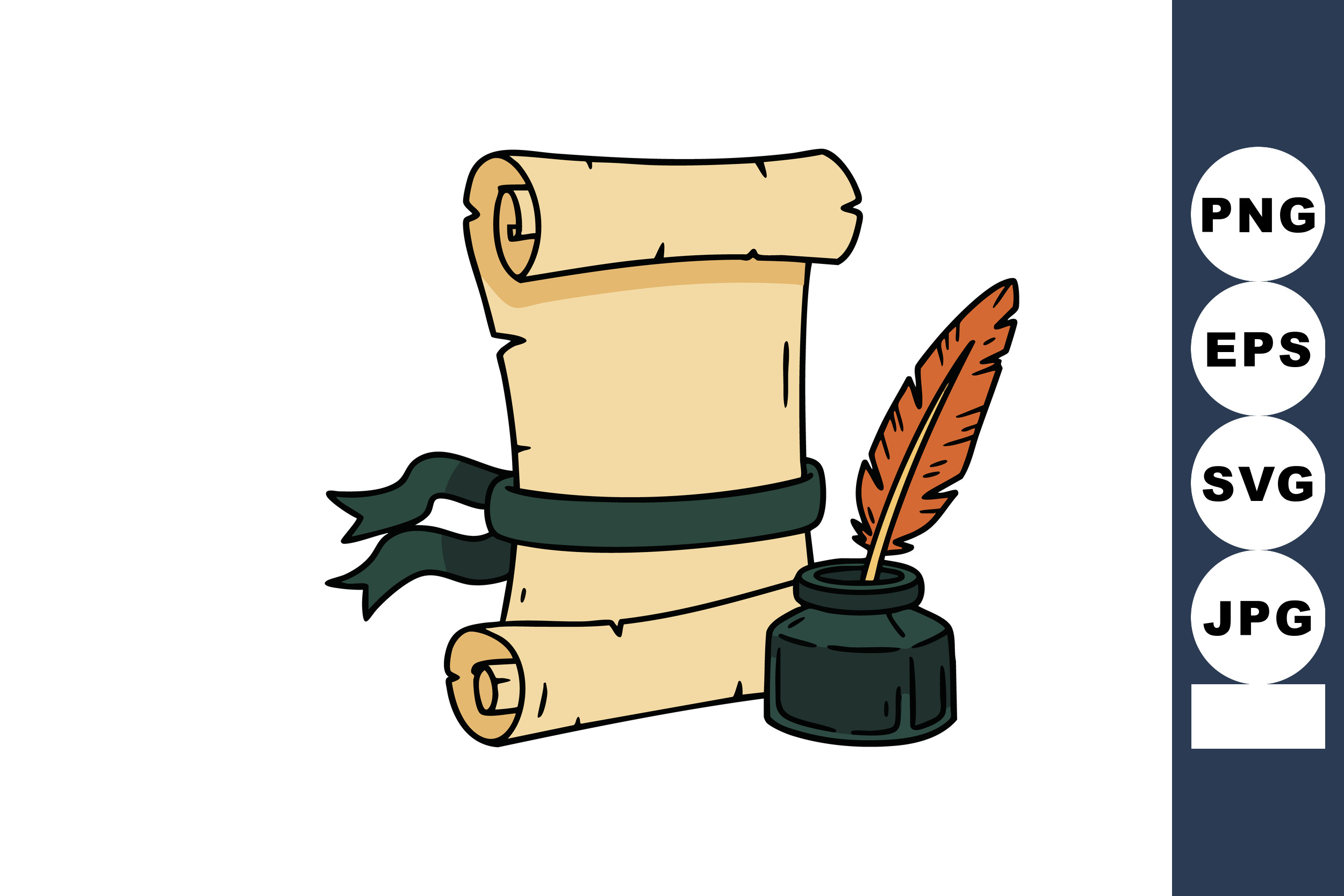 Vintage scroll parchment with ink pot and feather quill pen