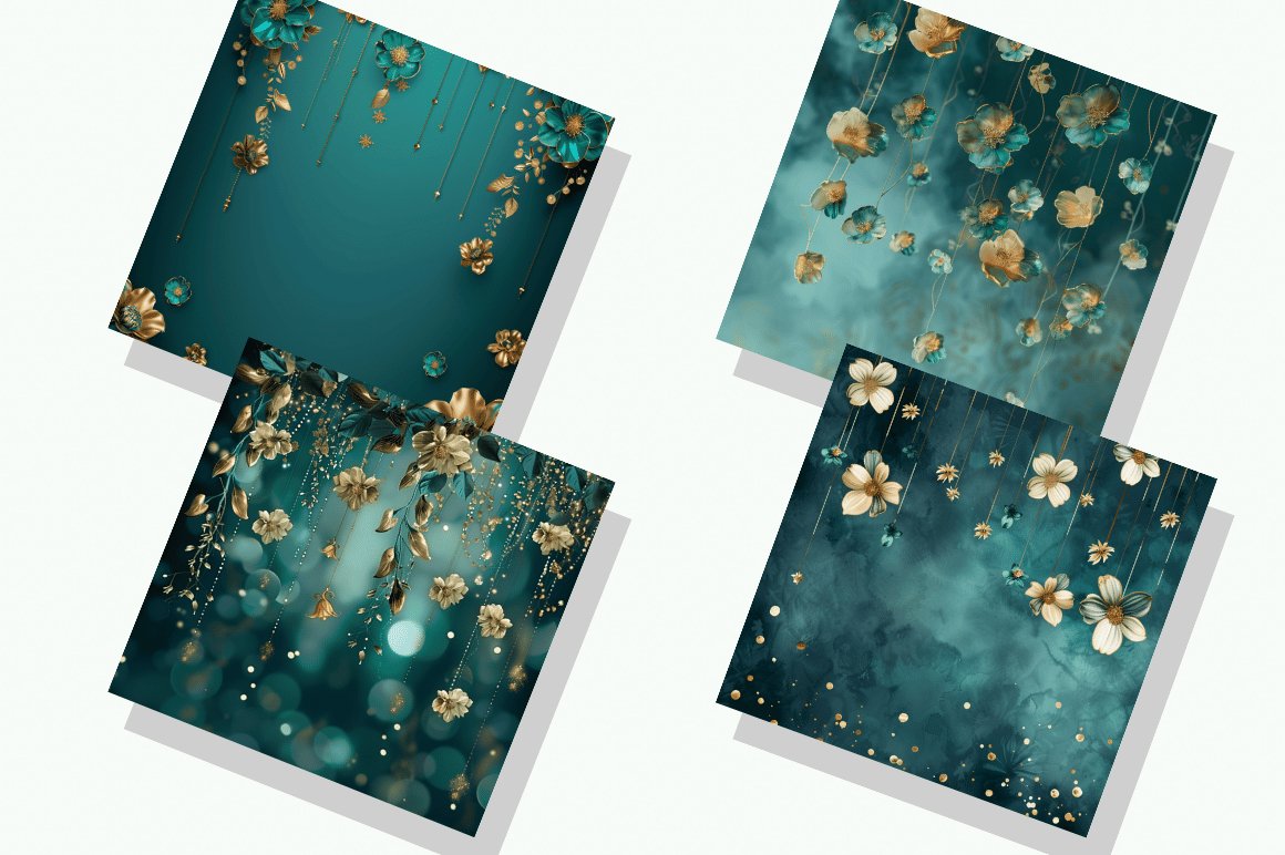 teal-and-gold-flower-digital-paper-bundle
