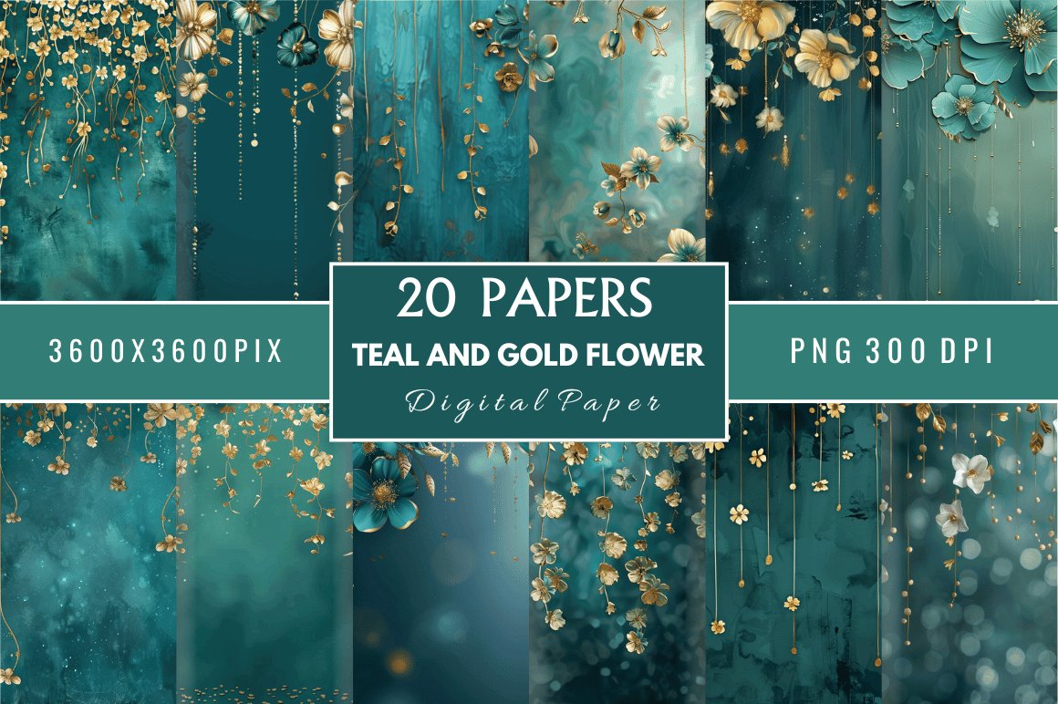teal-and-gold-flower-digital-paper-bundle
