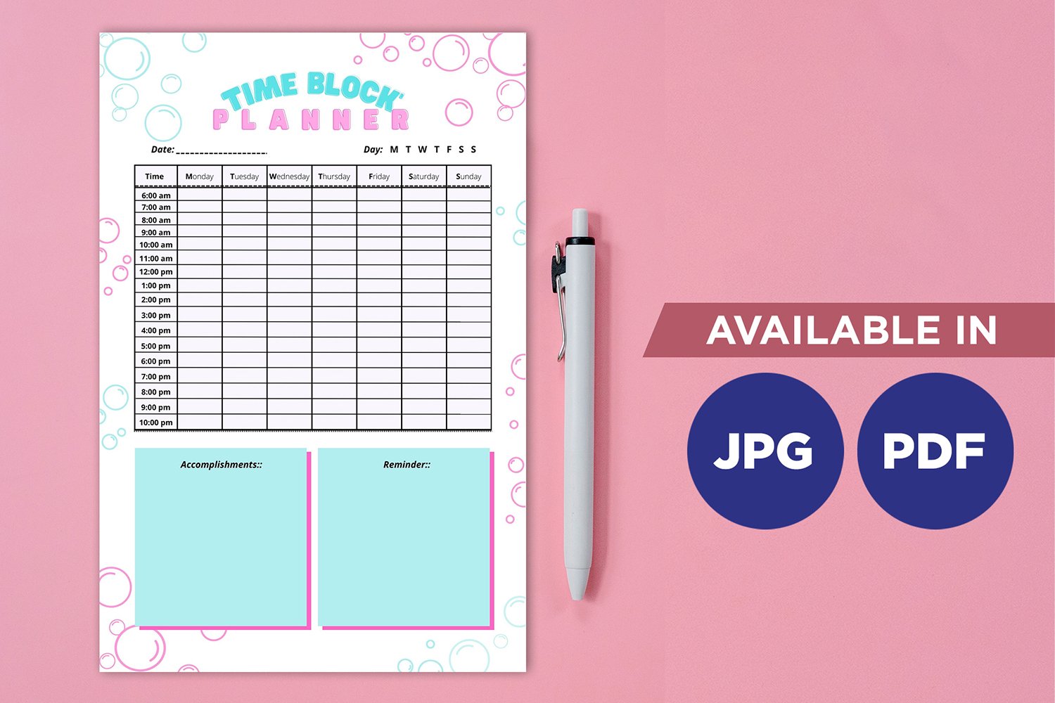 Time block planner printable planifier digital insert