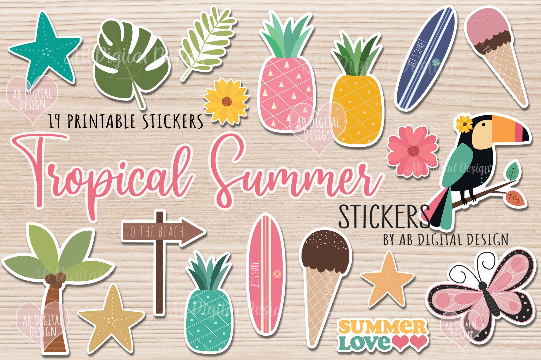 tropical summer stickers for planner journal or scrapbook