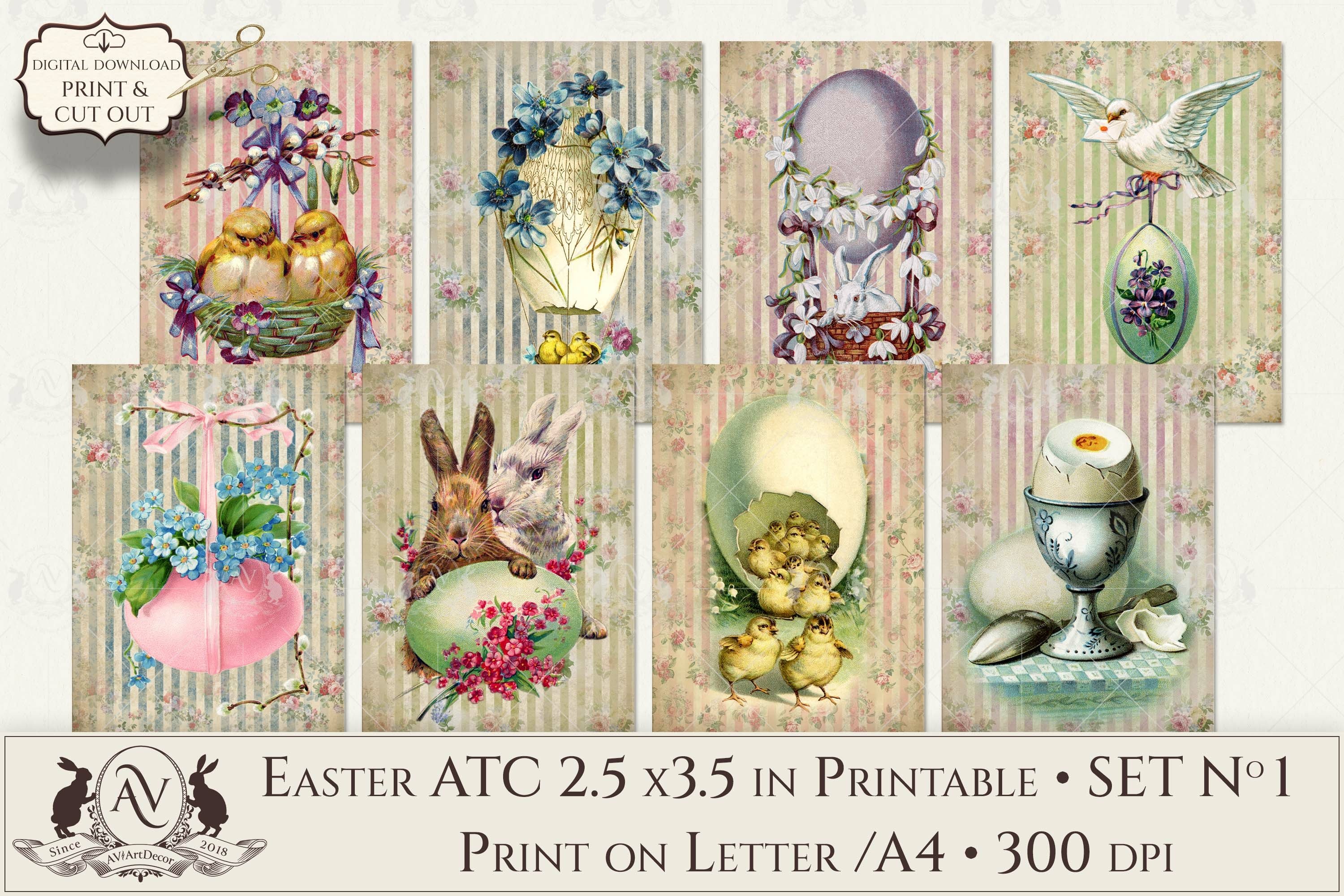 Easter ATC Printable | Vintage Easter Bunny Cards Set 1