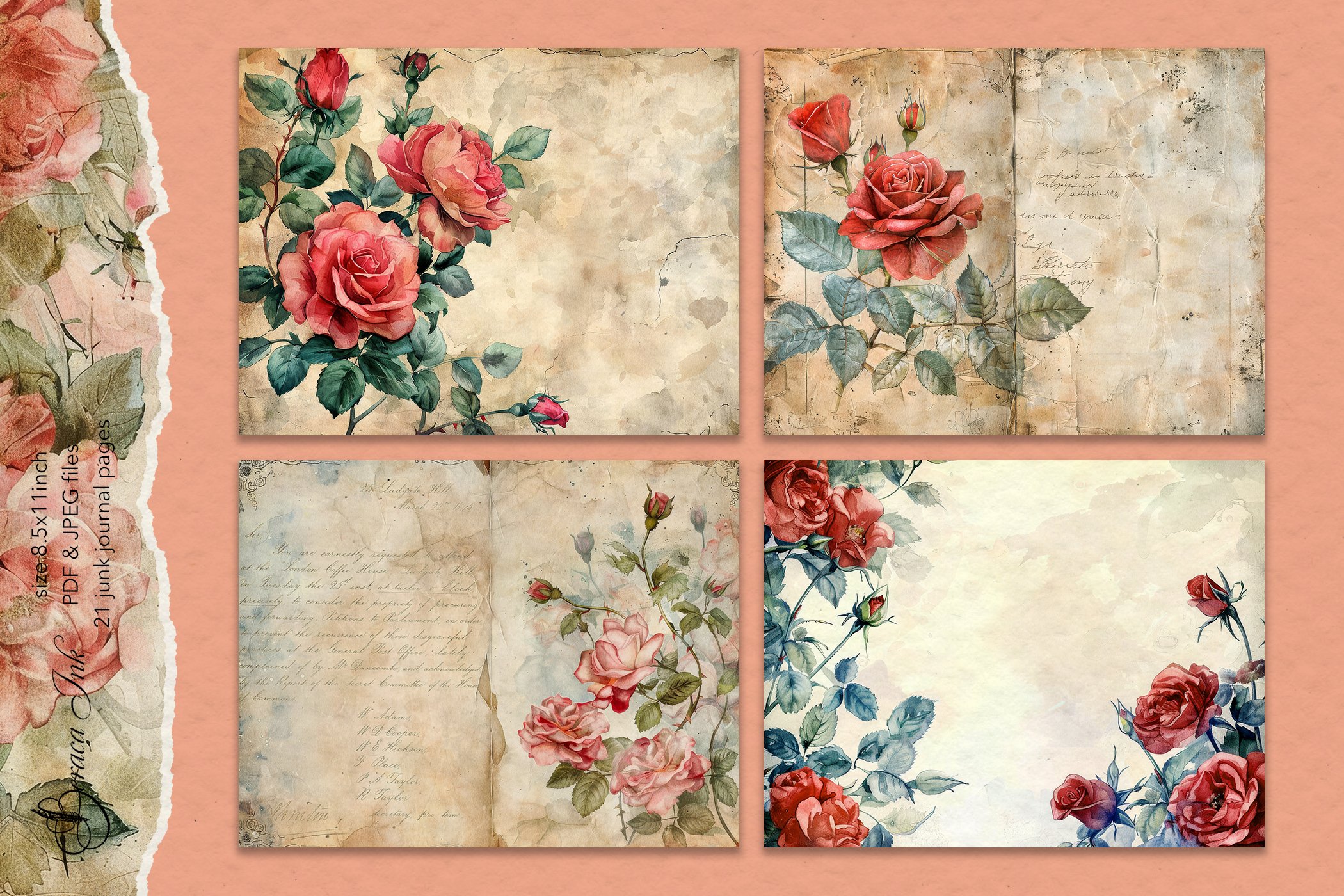 Vintage Reds II Junk Journal Kit - Digital Paper Prints