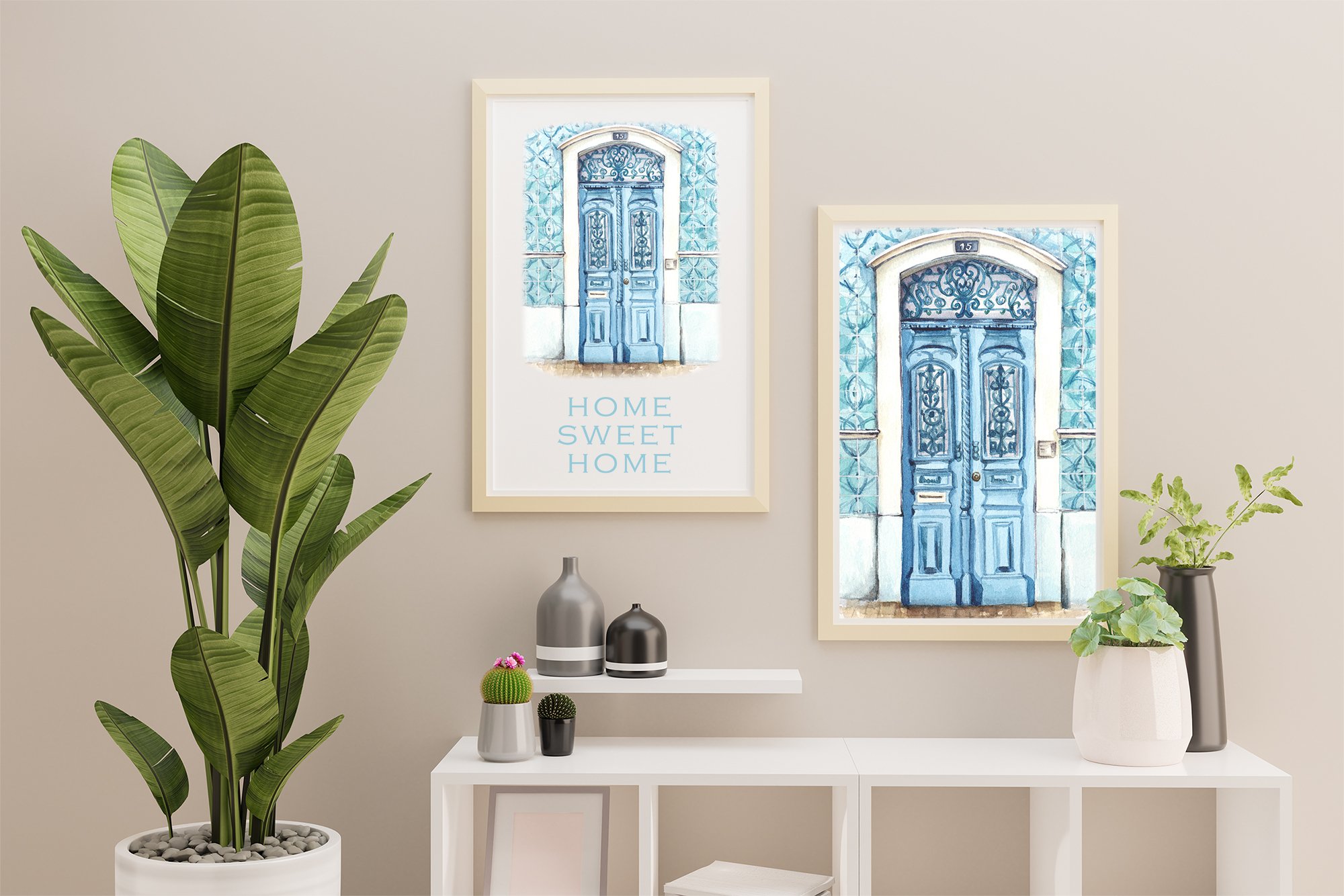Watercolor Vintage Blue Door clipart | House Warming card, image size:2000x1334