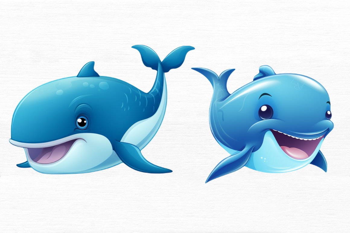 Cute Cartoon Blue Whale Watercolor Sublimation Clipart, image size:1160x772
