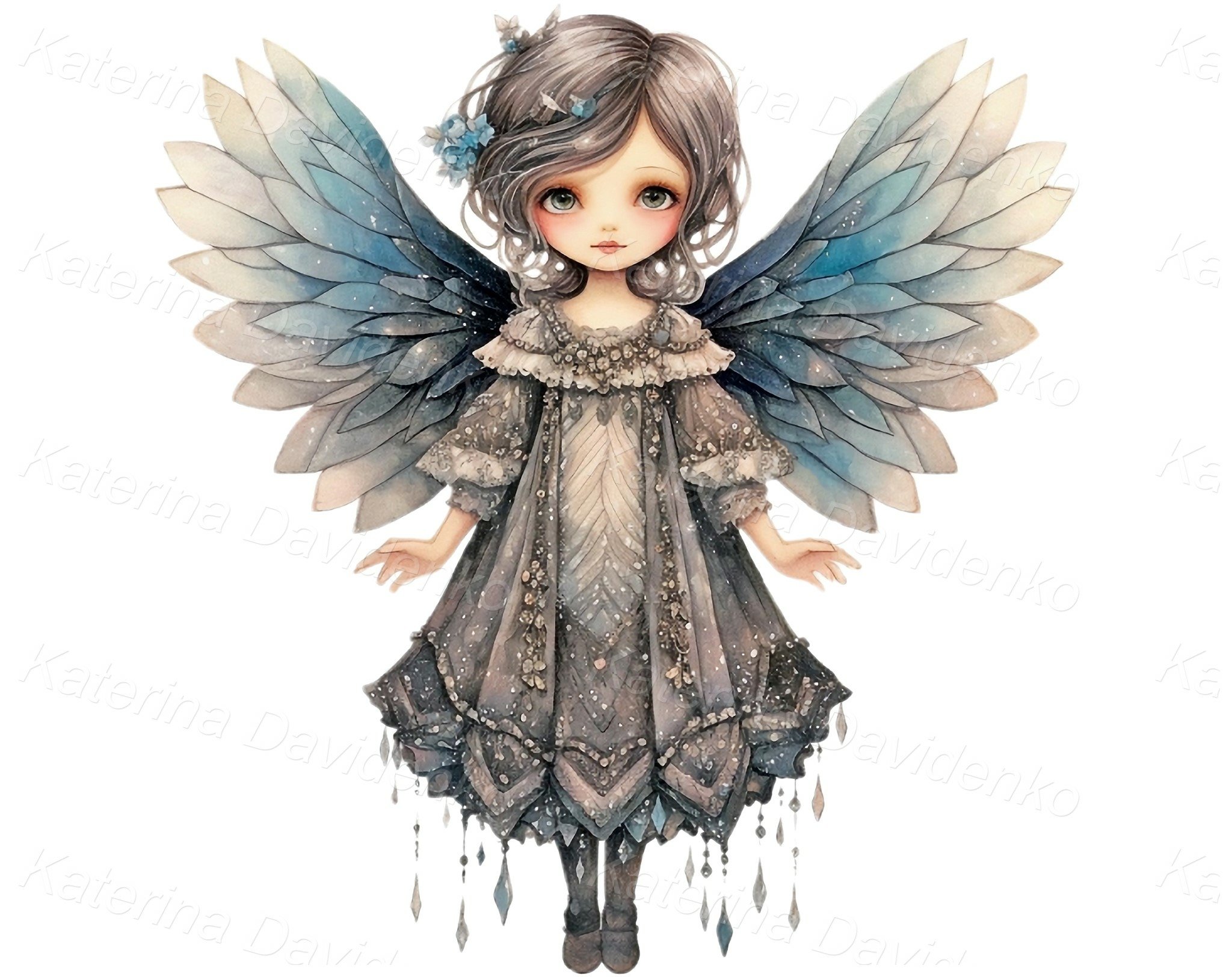 Collection of cute cartoon little angels. Watercolor PNG, image size:2048x1624