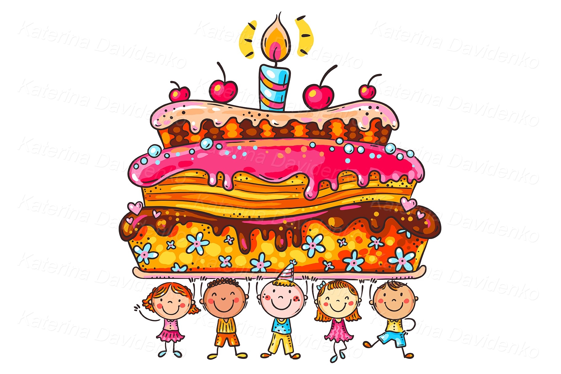 Happy birthday party clipart cartoon funny kids with cake, image size:1820x1214