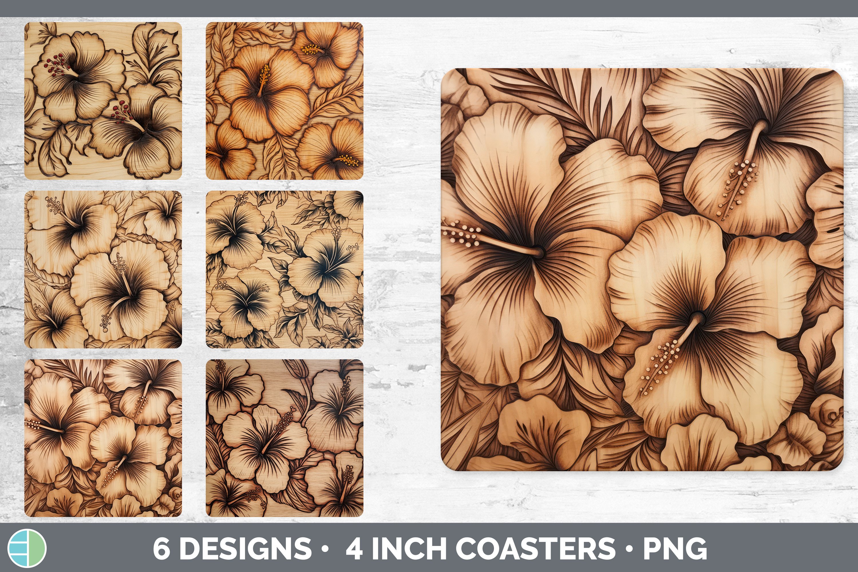 Wood Burned Hibiscus Flowers Square Coaster | Sublimation Co