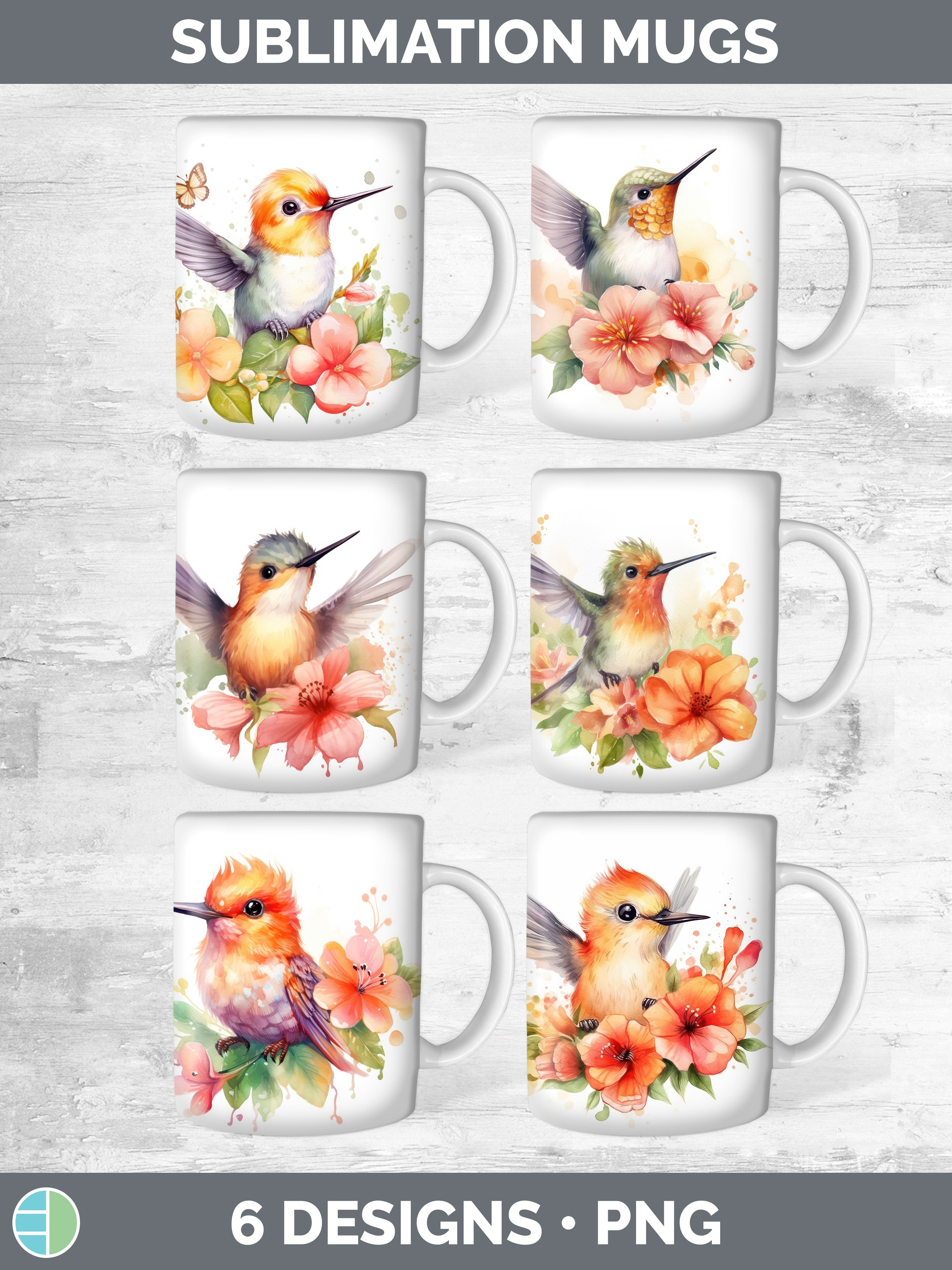 Watercolor Floral Hummingbirds Mug Wrap Sublimation Coffee
