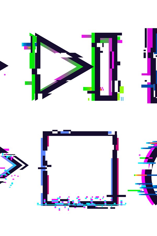 Glitch music icons. Glitched play pause stop icon, tv signal
