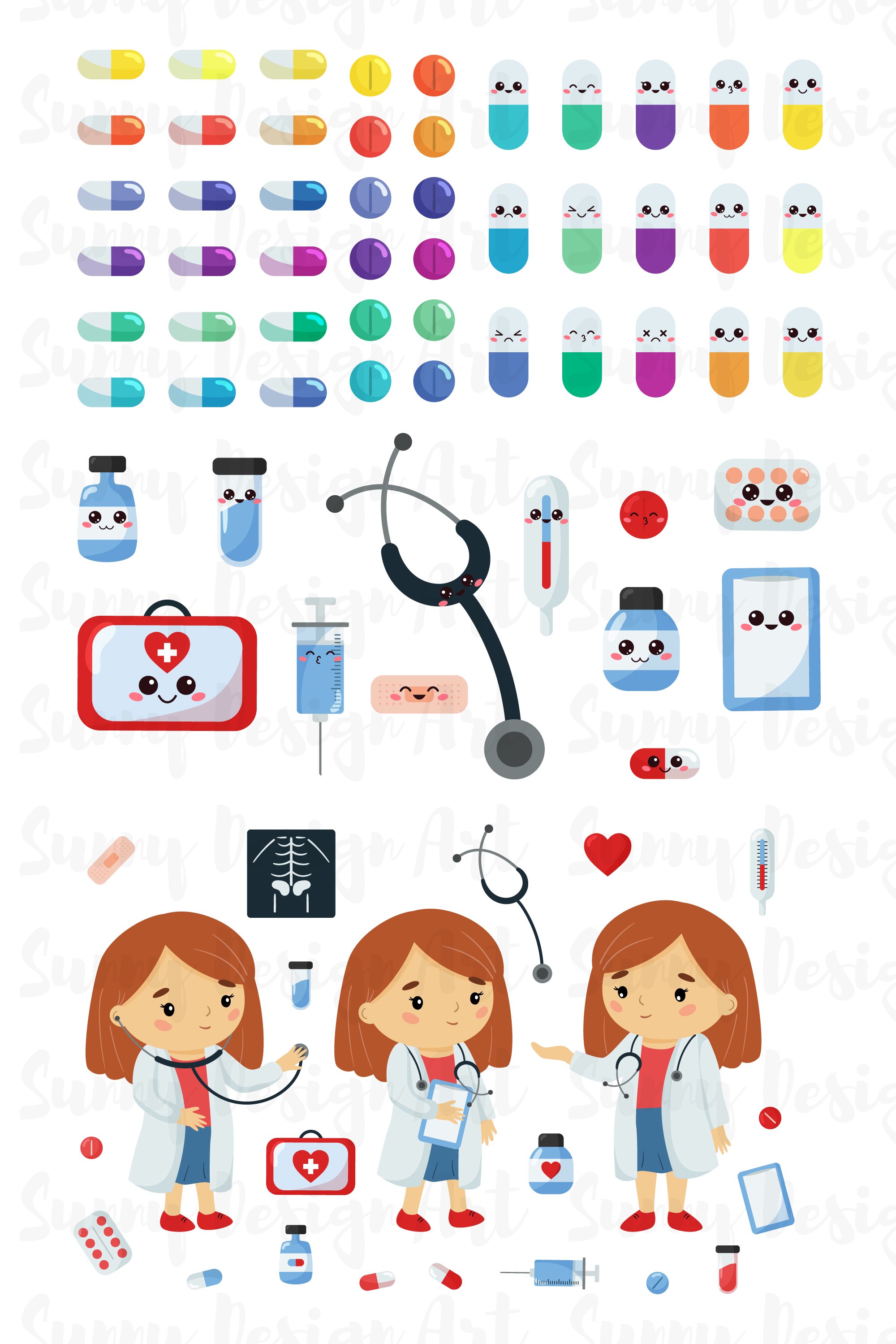 Medical vector clipart pack, kawaii seamless (844012)