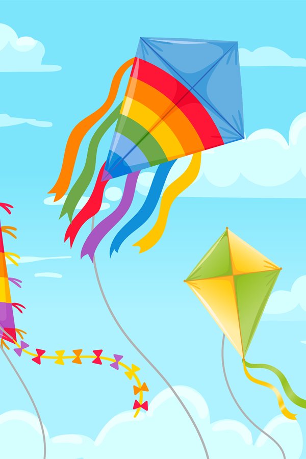 Kites in sky. Summer blue skies and clouds with kite on stri