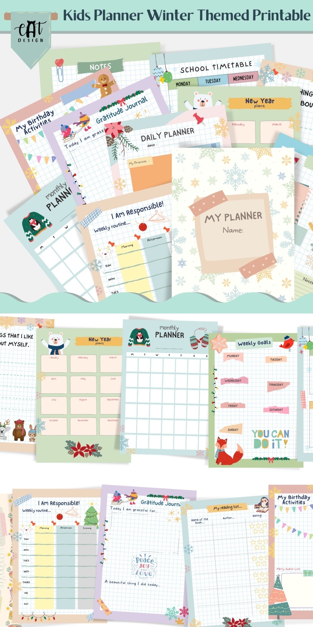 Kids Planner Kit Winter Themed Scrapbooking Print or Edit