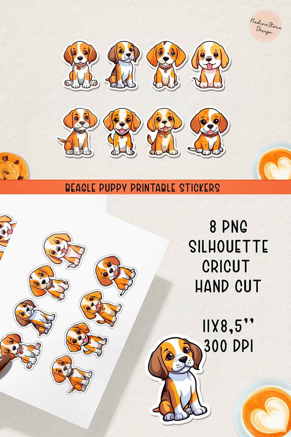 Cute beagle puppy printable stickers. PNG, JPG.
