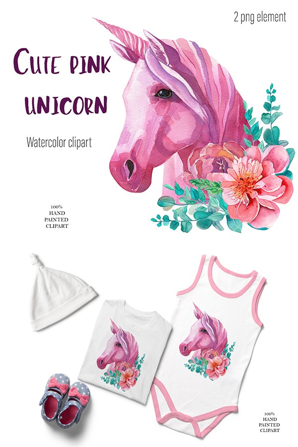 Cute pink unicorn clipart Watercolor