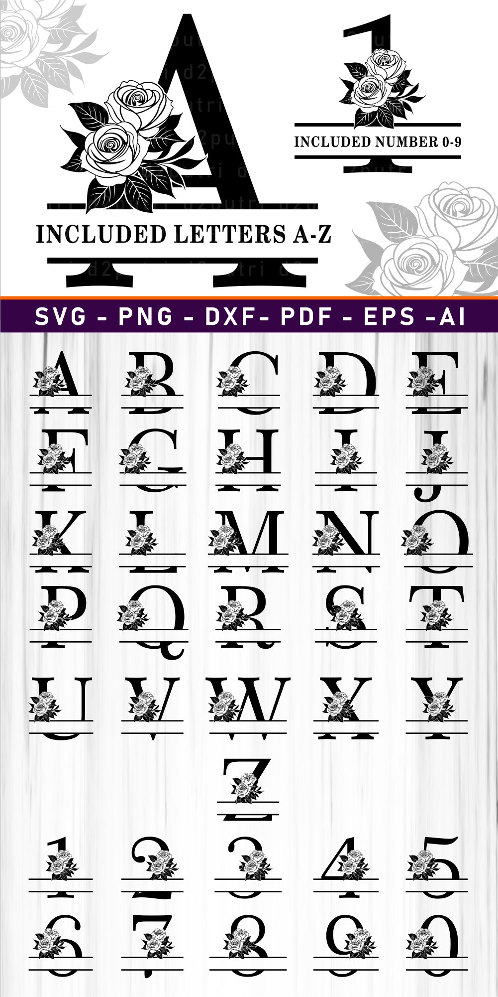 Rose Flower Monogram Split Letters SVG, Font SVG, Alphabet