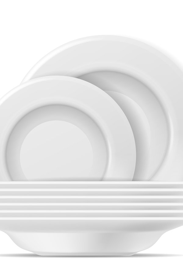 Clean plates. Food white plate set. Realistic stacked tablew