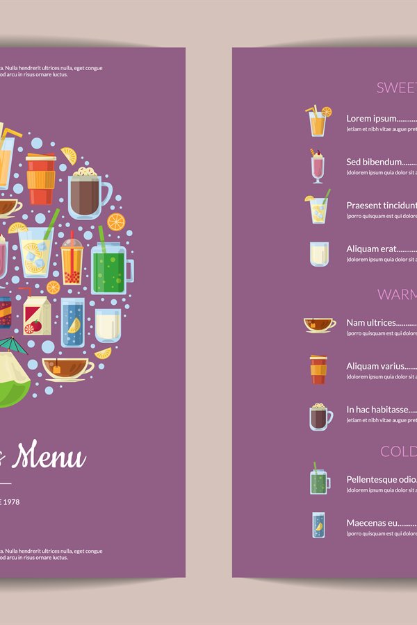 Vector vertical menu template with nonalcoholic drinks in gl