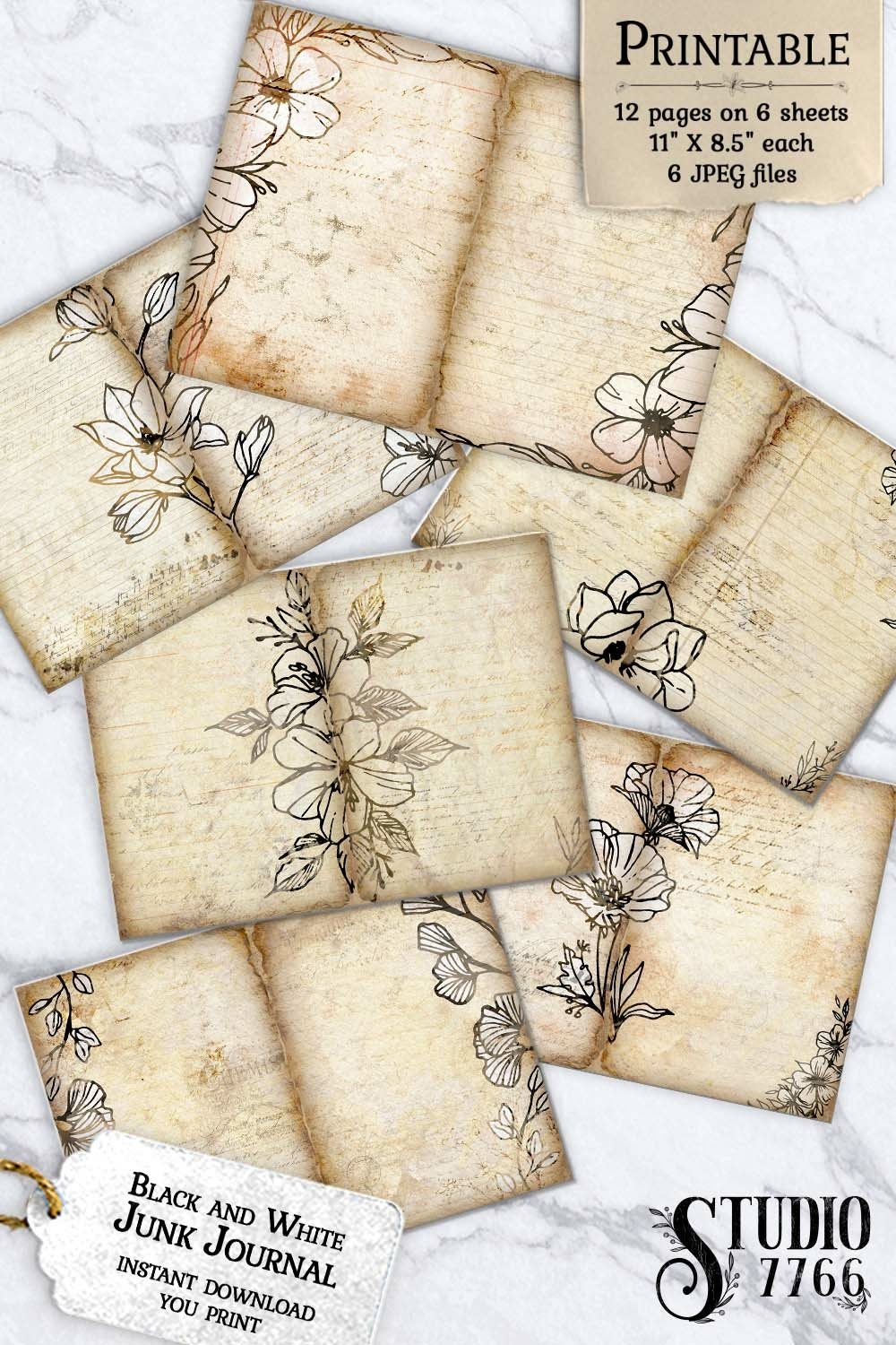 Floral Black And White Junk Journal Pages