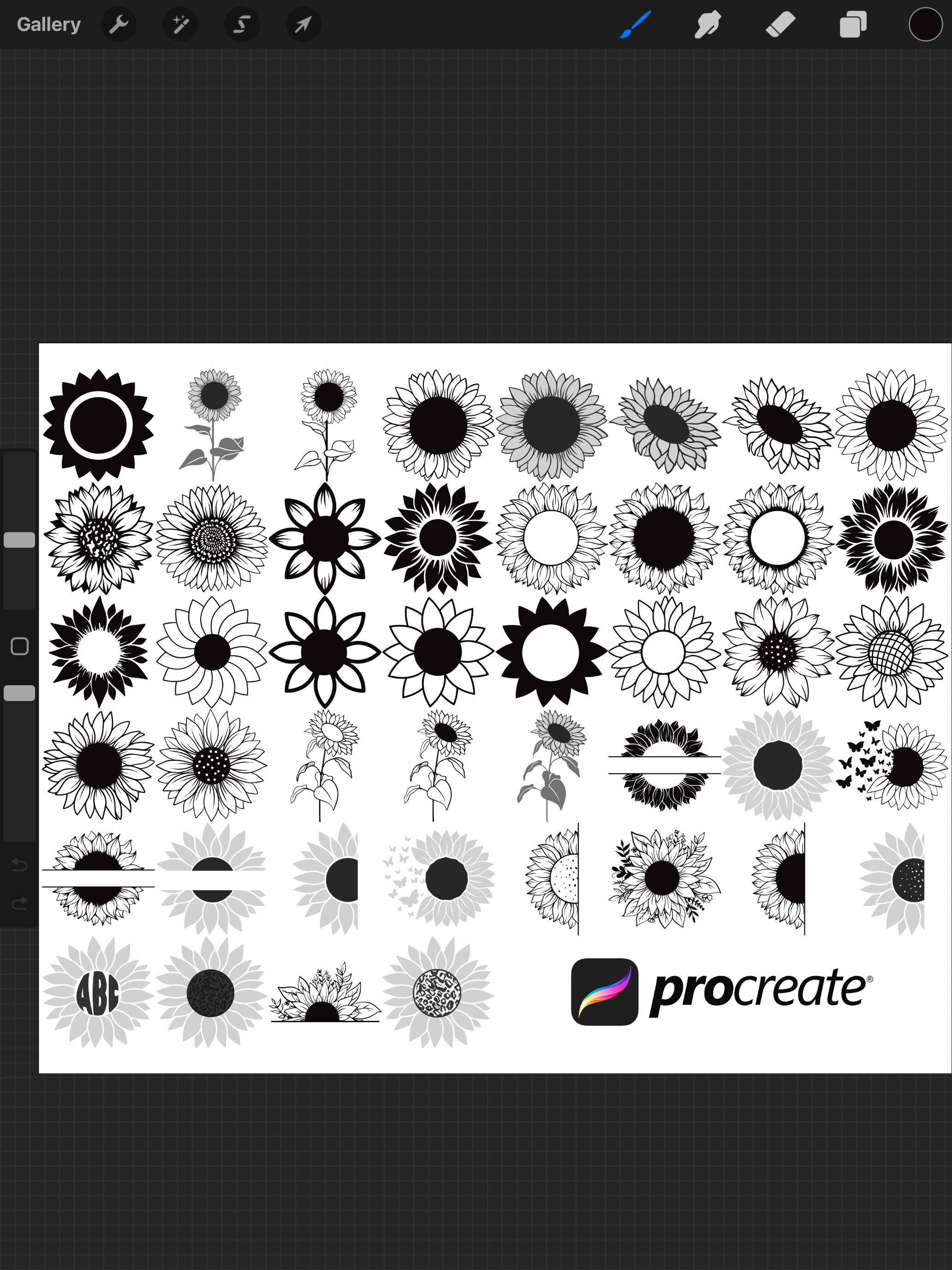 Floral Sunflower Set 1 Procreate Brush Stamps, 44 Flowers