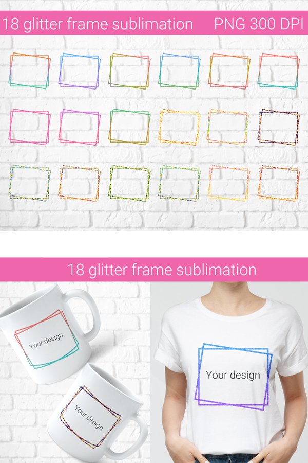 18 Glitter frames sublimation, PNG bundle frame