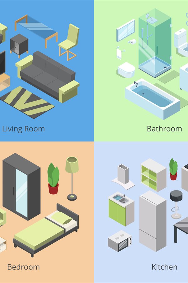 Set of different furniture elements for rooms in modern home