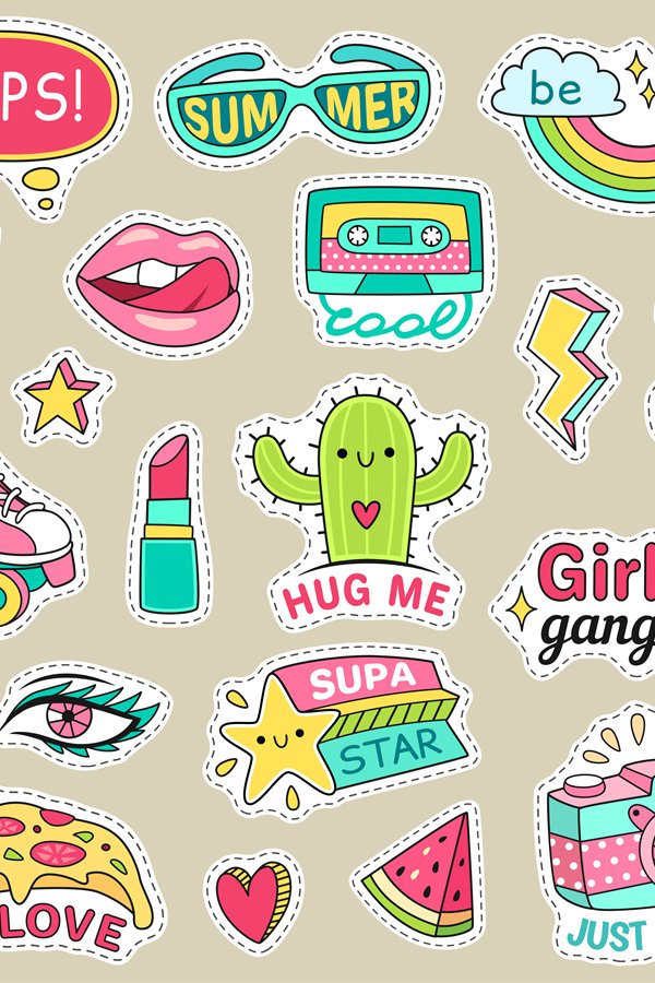 Fun fashion teenage stickers. Cute cartoons patches for teen
