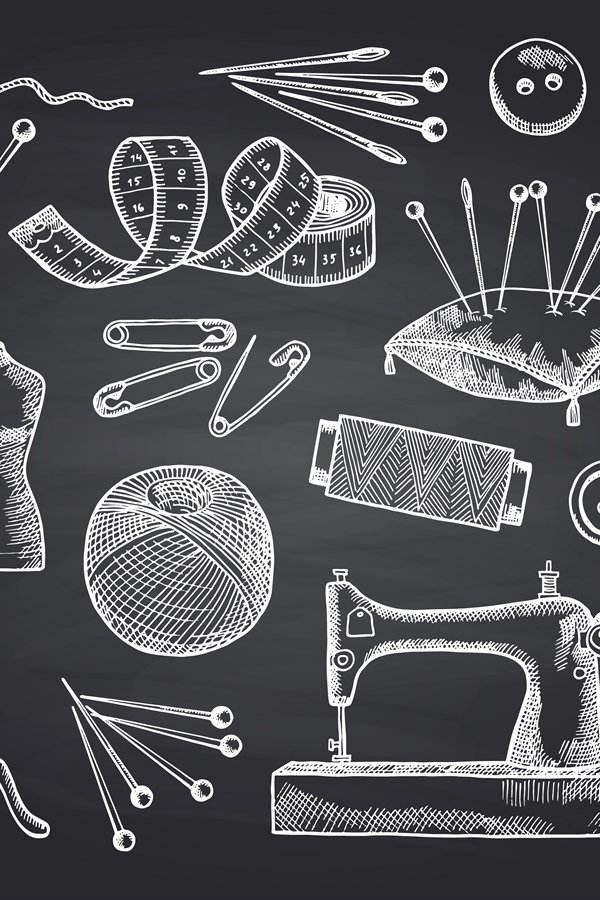 Vector set of hand drawn sewing elements on black chalkboard