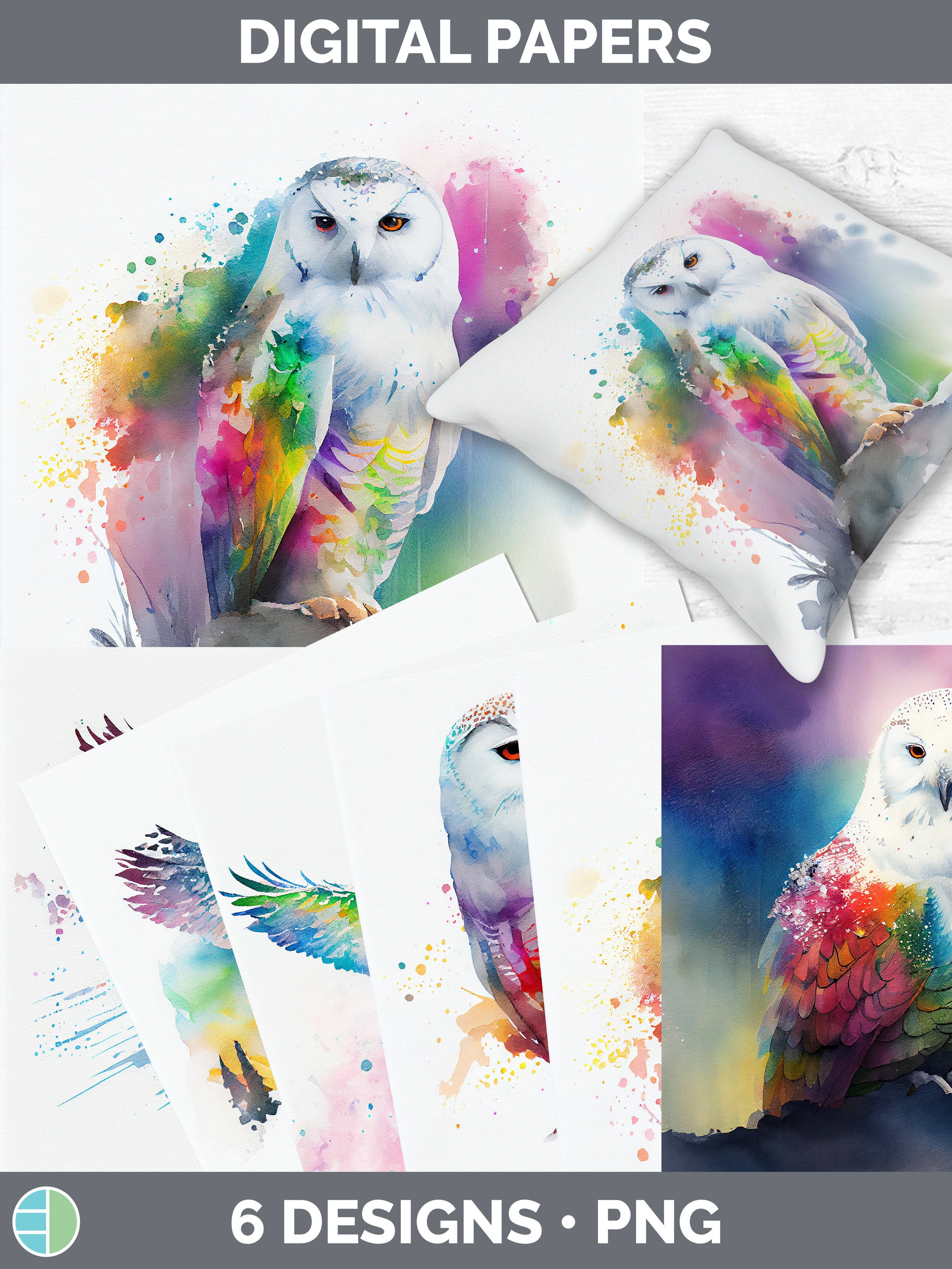 Rainbow Snowy Owl Paper Backgrounds | Digital Scrapbook Pape