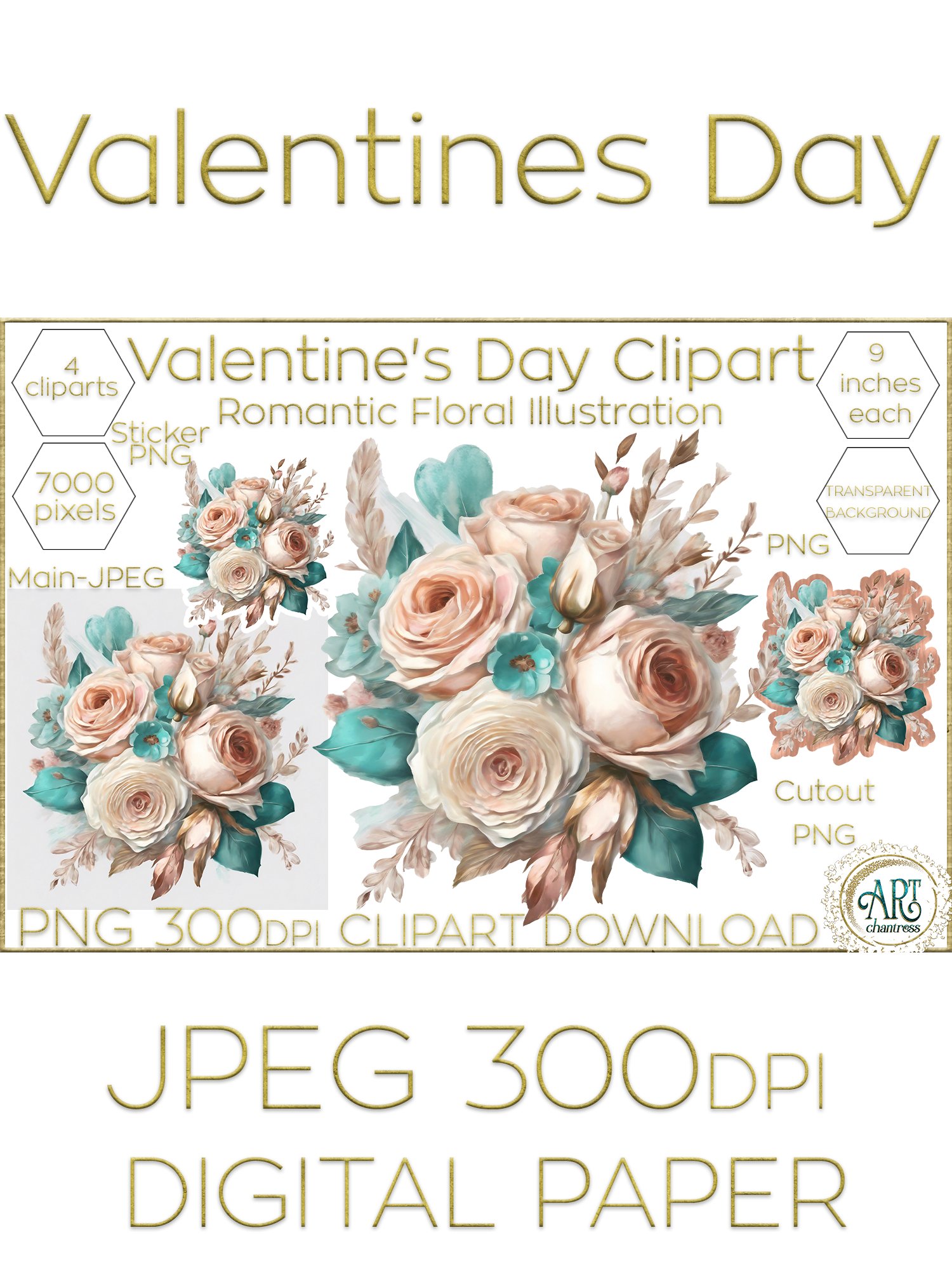 Valentines Day Teal Rose Bouquet Blush Pink Floral Clipart