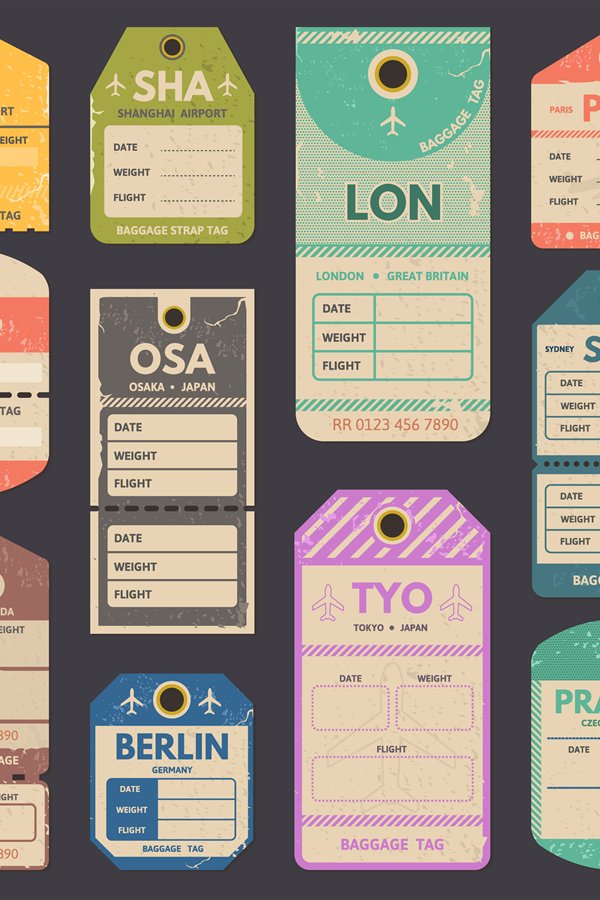 Travel luggage retro tags, airport country labels. Retro tra