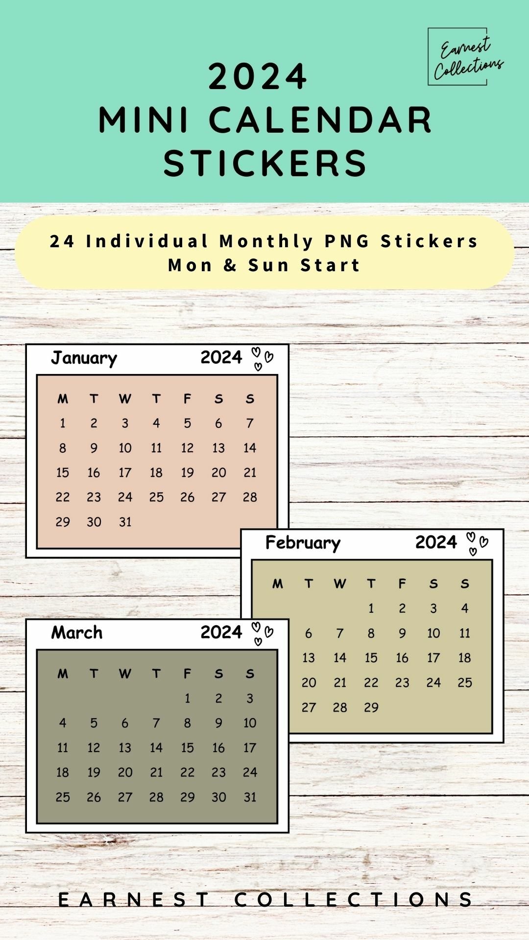 2024 mini calendar stickers for bullet journal and planner