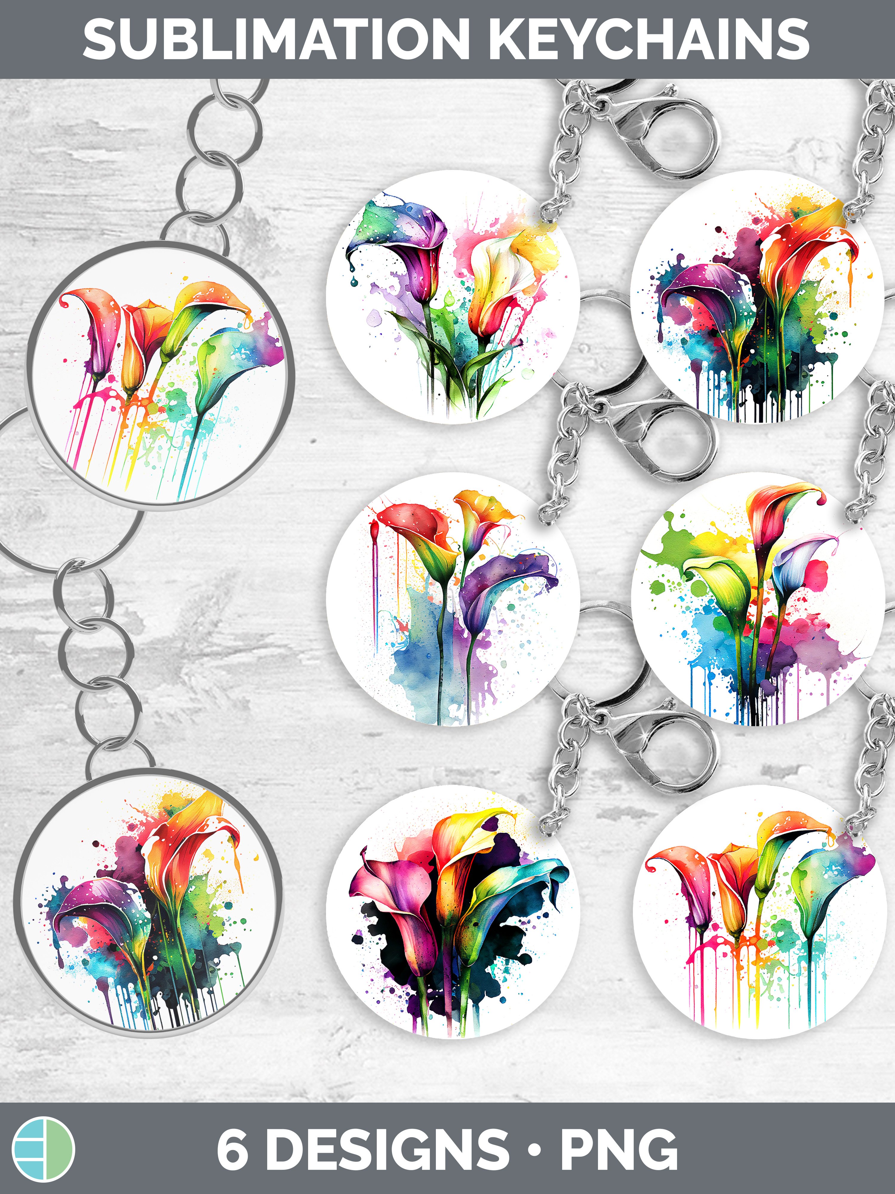 Rainbow Calla Lily Flowers Keychain Sublimation Keyring De