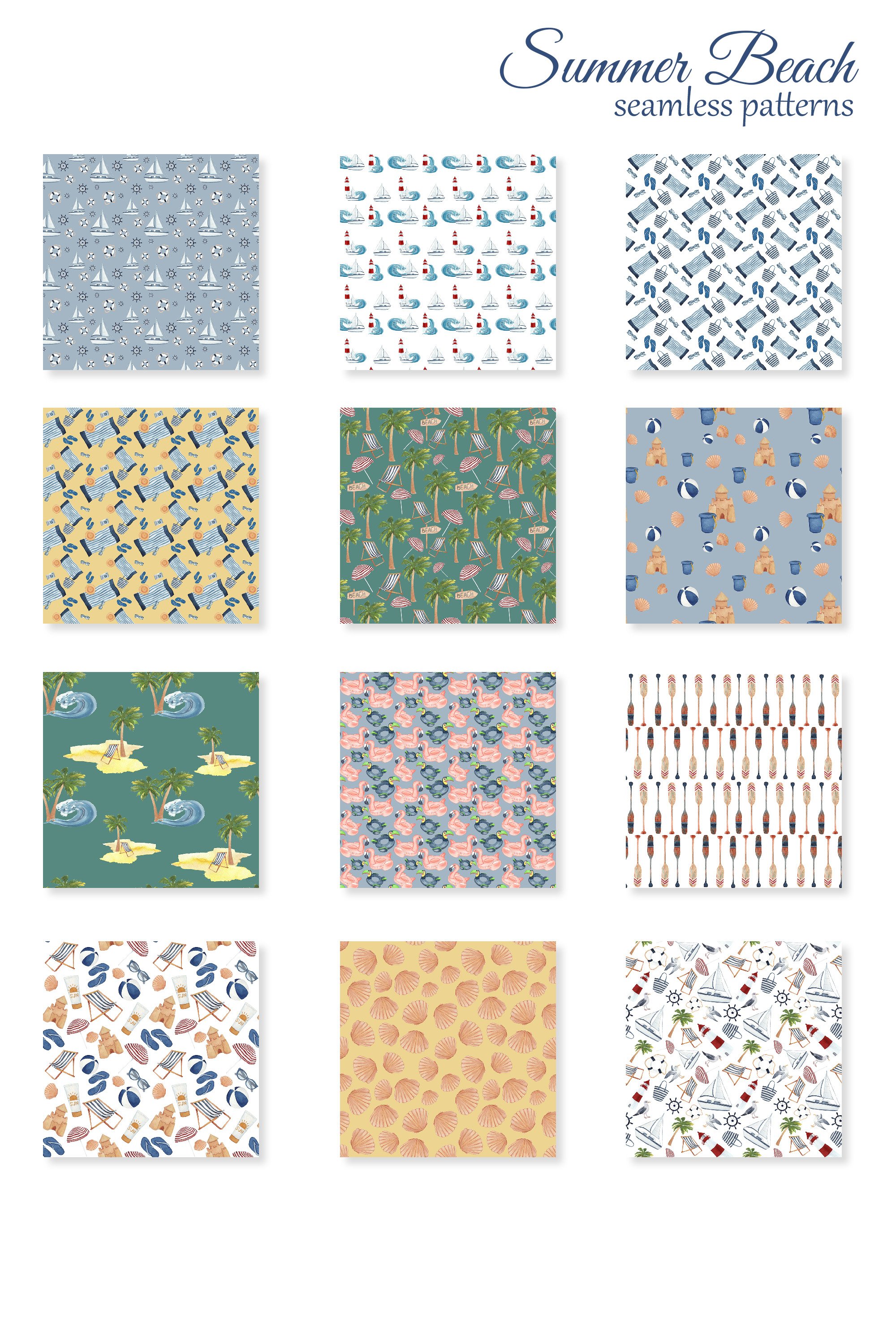 Beach digital paper kit, summer seamless patterns, nautical