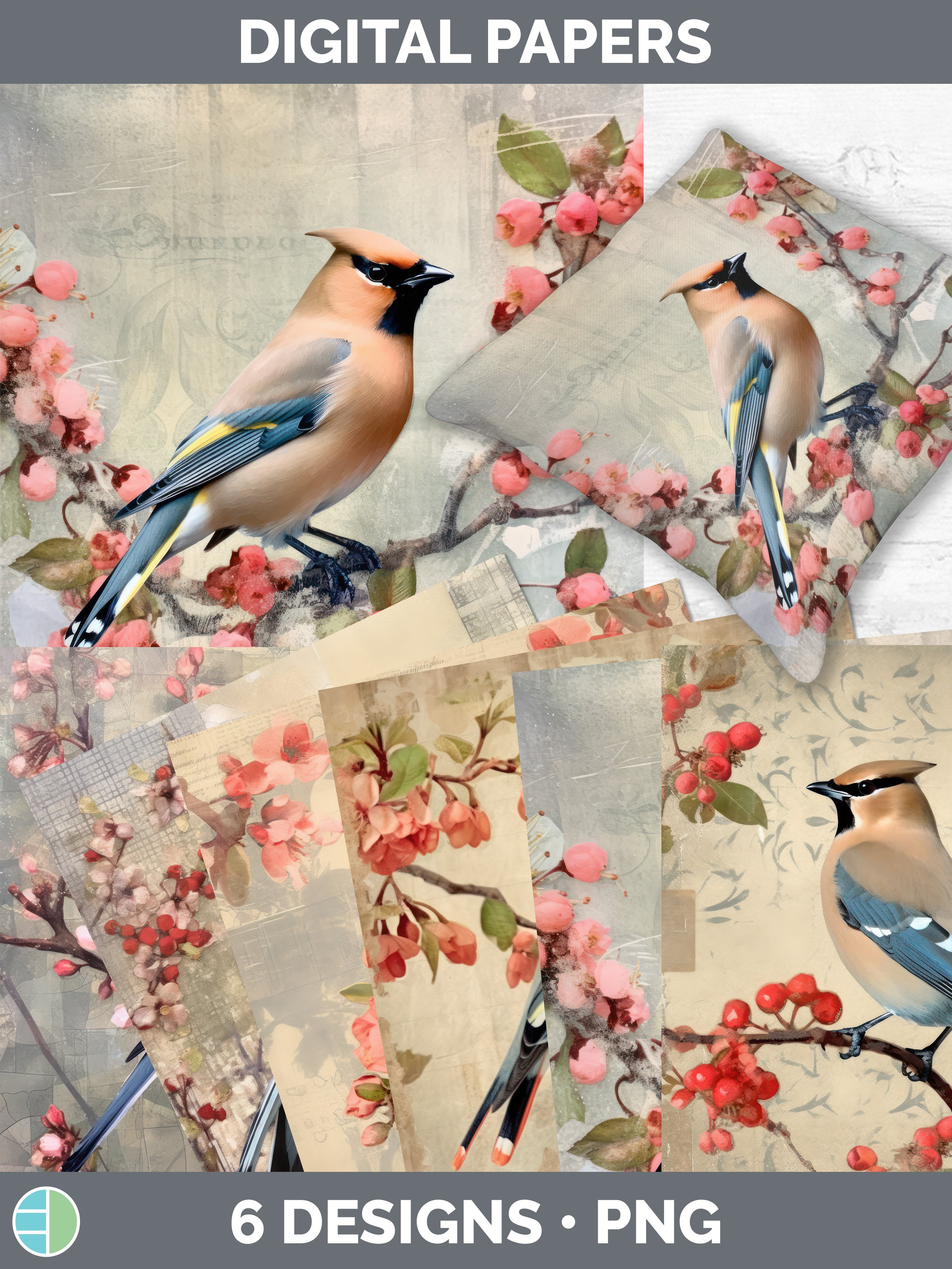 Vintage Waxwing Bird Paper Backgrounds | Digital Scrapbook P