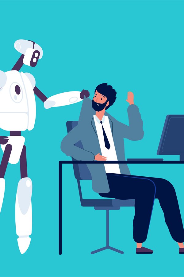 Android and human. Robot kick away business person from offi
