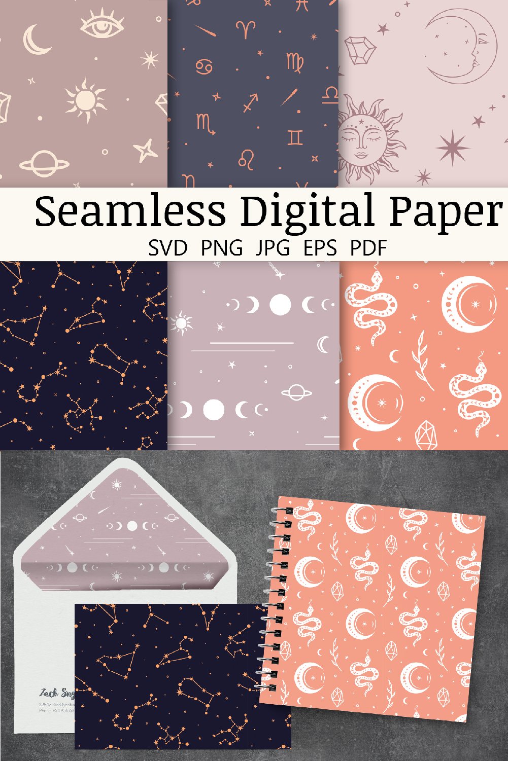 Celestial Digital Papers, boho seamless pattern backgrounds