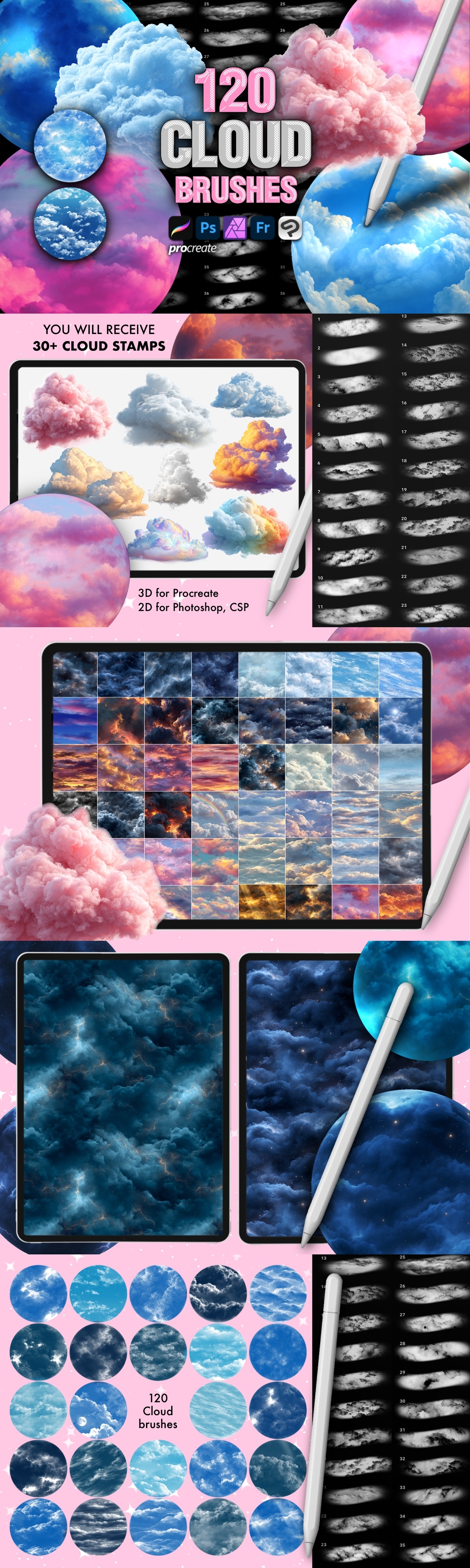 Cloud Brushes for Procreate – 120 Sky & Smoke Stamp Brushes