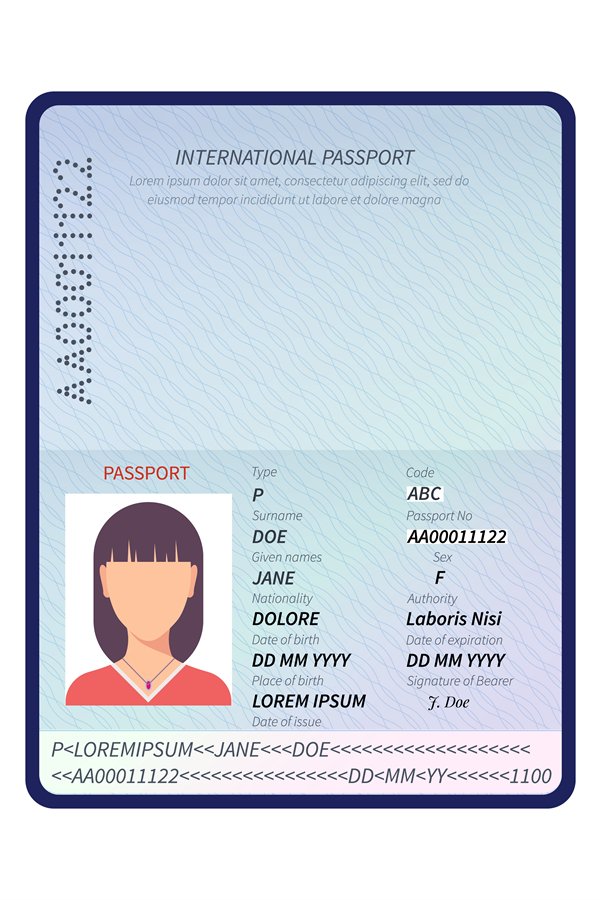 Passport. Sample data page, female international passport wi