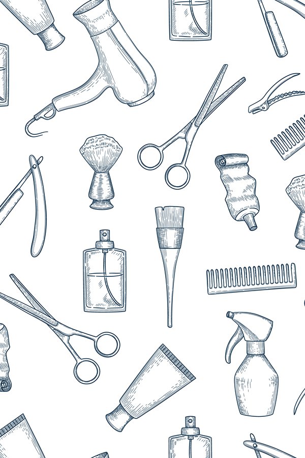 Barber shop pattern. Vintage razor comb scissors beauty salo