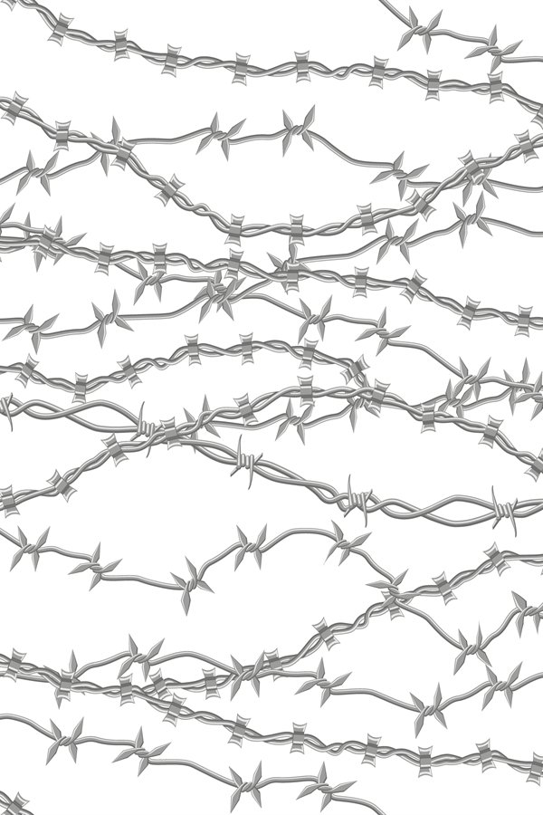 Barbed wire pattern. Steel razor wire barrier borders, terri