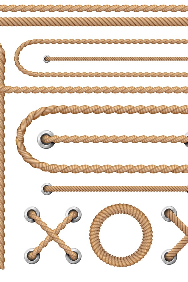 Realistic nautical ropes. Brown intertwine rope, sea straigh