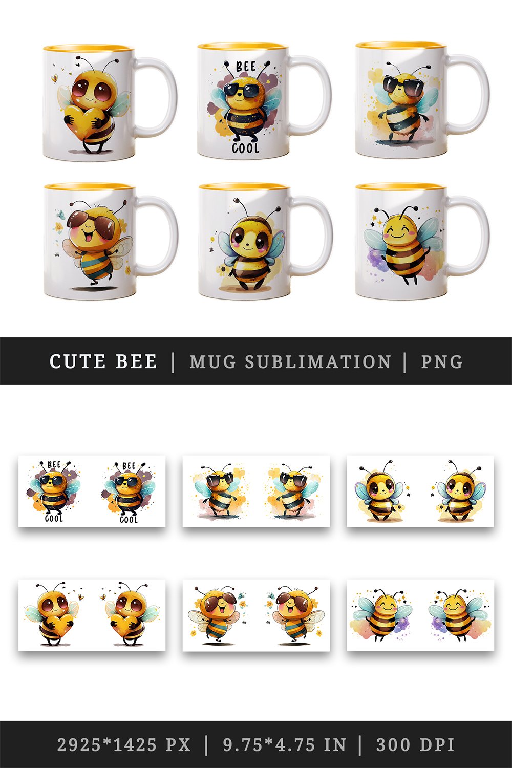 Watercolor cute bee mug, cup wrap sublimation design bundle