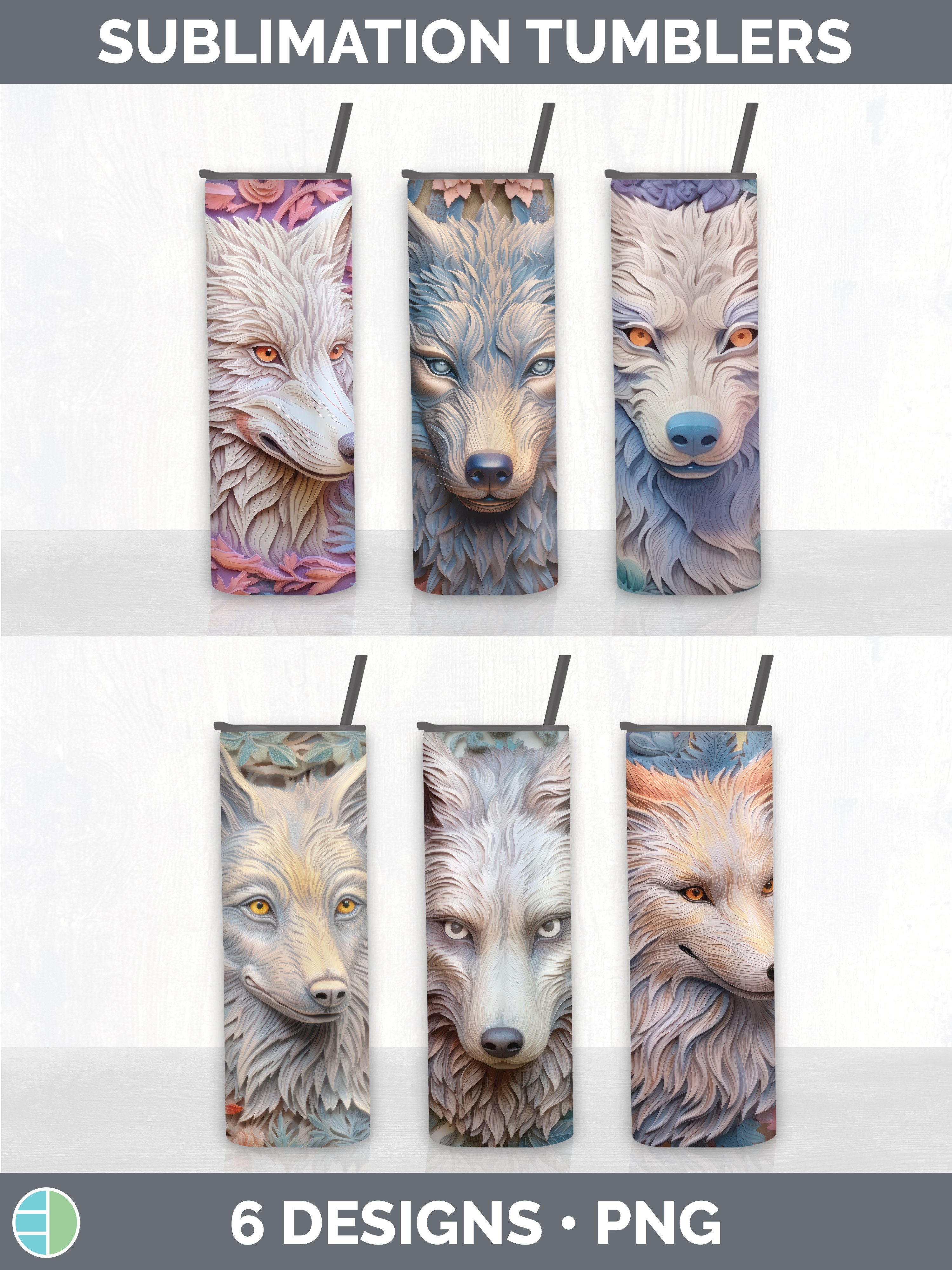3D Wolf Tumbler | Sublimation 20 oz Skinny Tumbler Designs B